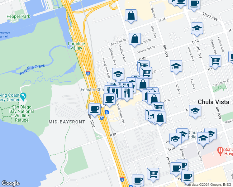 map of restaurants, bars, coffee shops, grocery stores, and more near 699 E Street in Chula Vista