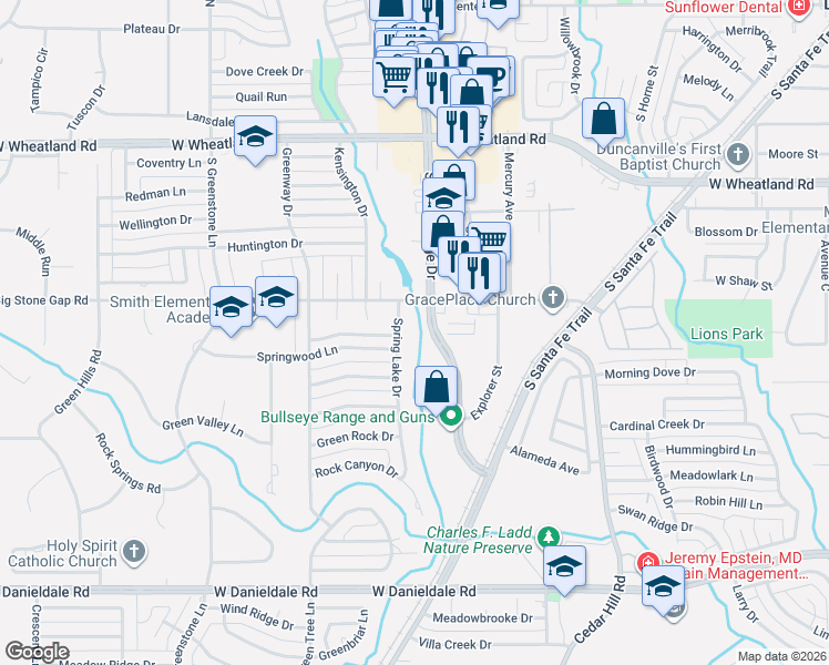 map of restaurants, bars, coffee shops, grocery stores, and more near 1003 South Cedar Ridge Drive in Duncanville