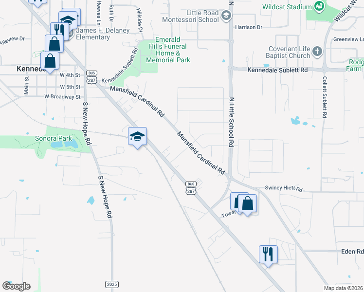 map of restaurants, bars, coffee shops, grocery stores, and more near 619 East Kennedale Parkway in Kennedale