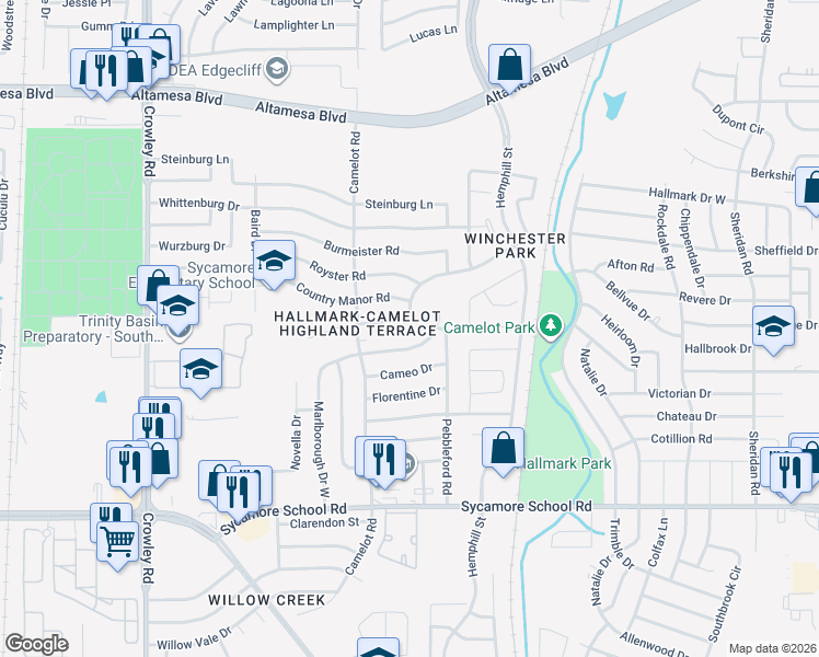 map of restaurants, bars, coffee shops, grocery stores, and more near 1305 Andante Drive in Fort Worth