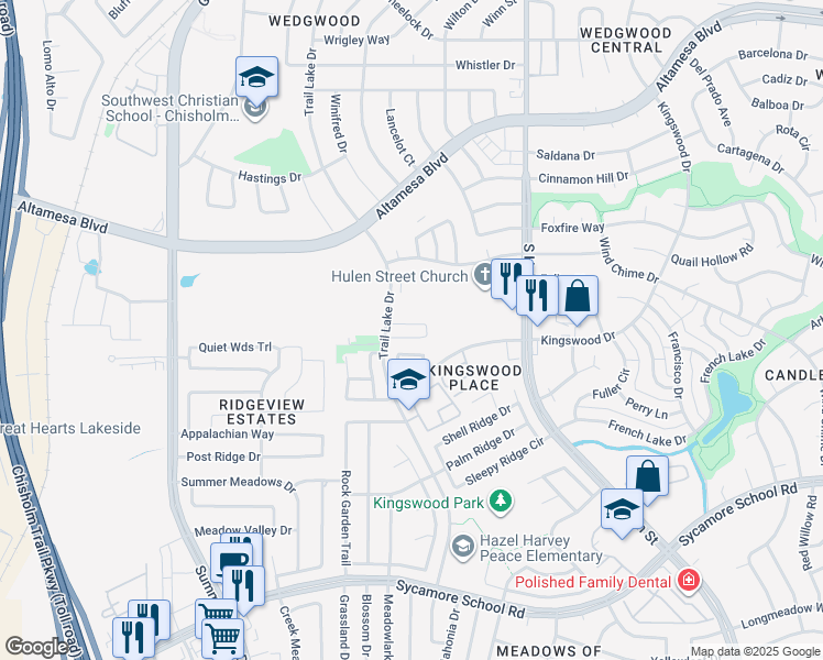 map of restaurants, bars, coffee shops, grocery stores, and more near 7149 Trail Lake Drive in Fort Worth