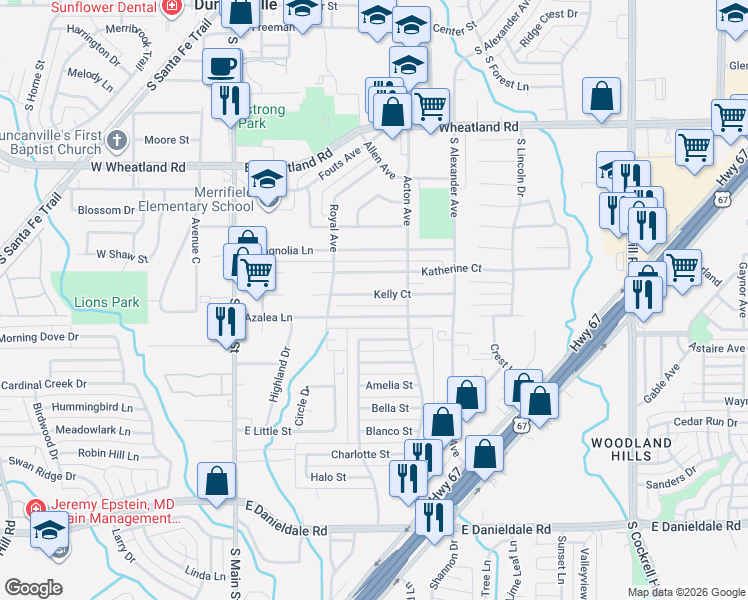 map of restaurants, bars, coffee shops, grocery stores, and more near 419 Kelly Court in Duncanville