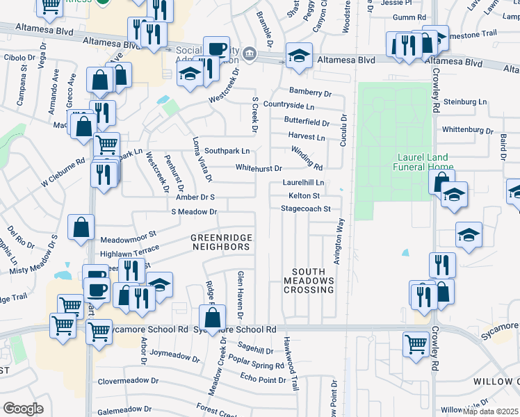 map of restaurants, bars, coffee shops, grocery stores, and more near 6928 Laurelhill Court North in Fort Worth