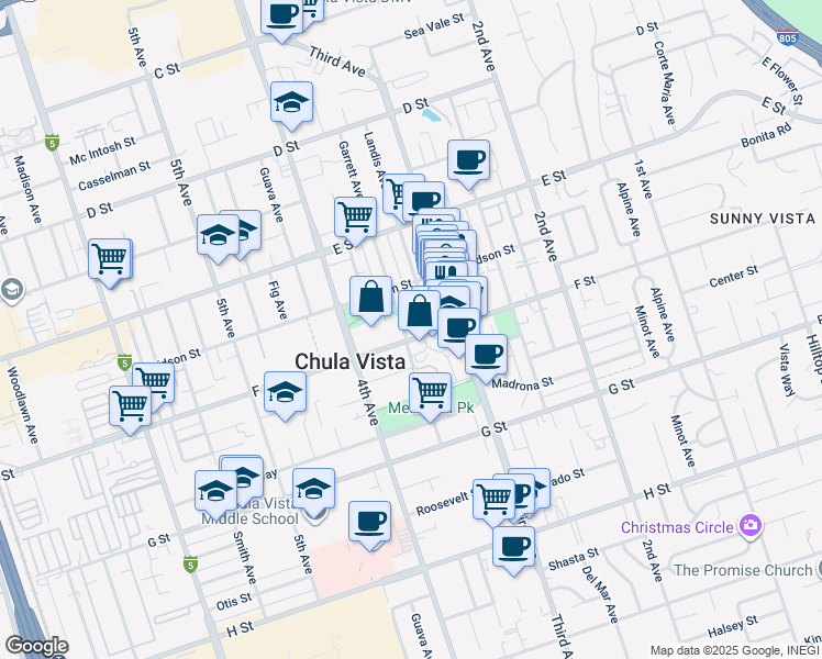 map of restaurants, bars, coffee shops, grocery stores, and more near 275 Garrett Avenue in Chula Vista