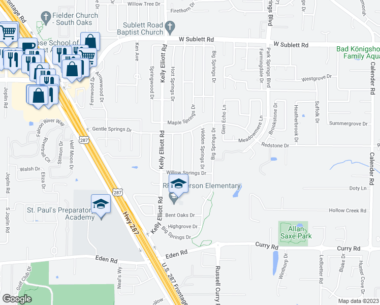 map of restaurants, bars, coffee shops, grocery stores, and more near 6402 Walnut Springs Drive in Arlington