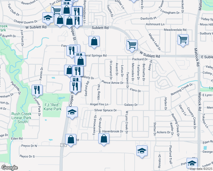 map of restaurants, bars, coffee shops, grocery stores, and more near 1108 Pierce Arrow Drive in Arlington