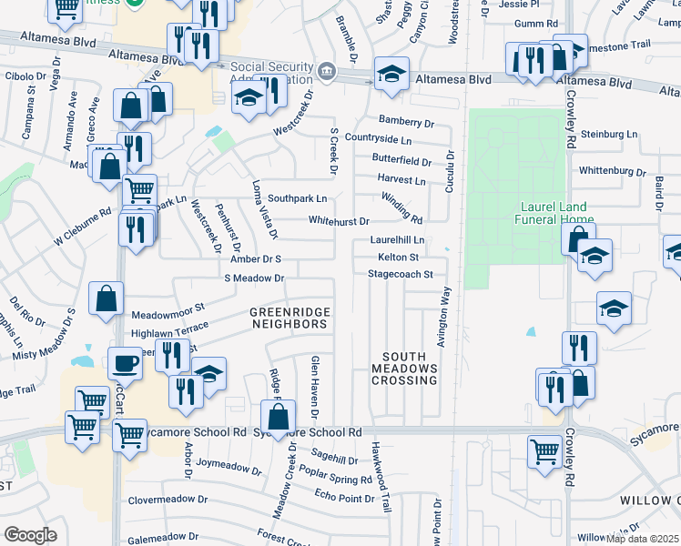 map of restaurants, bars, coffee shops, grocery stores, and more near 6928 Laurelhill Court North in Fort Worth