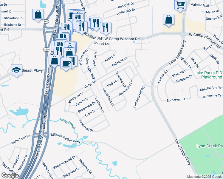 map of restaurants, bars, coffee shops, grocery stores, and more near 2783 Park Place in Grand Prairie