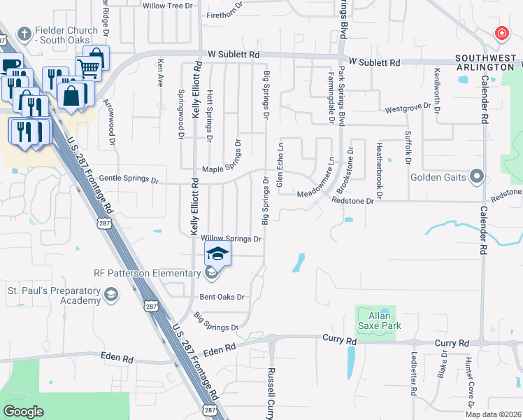 map of restaurants, bars, coffee shops, grocery stores, and more near 6402 Big Springs Drive in Arlington