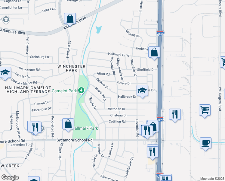 map of restaurants, bars, coffee shops, grocery stores, and more near 236 Bellvue Drive in Fort Worth