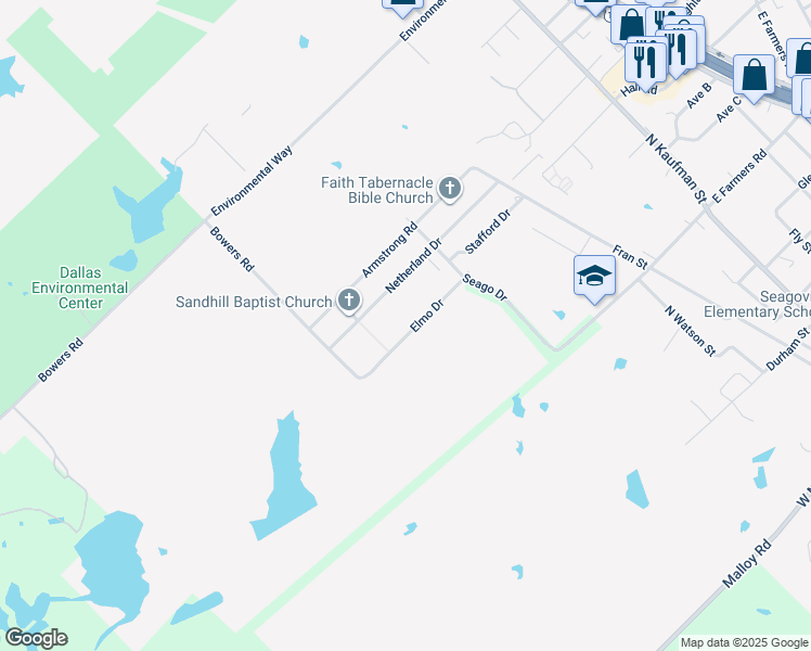 map of restaurants, bars, coffee shops, grocery stores, and more near 816 Elmo Drive in Seagoville