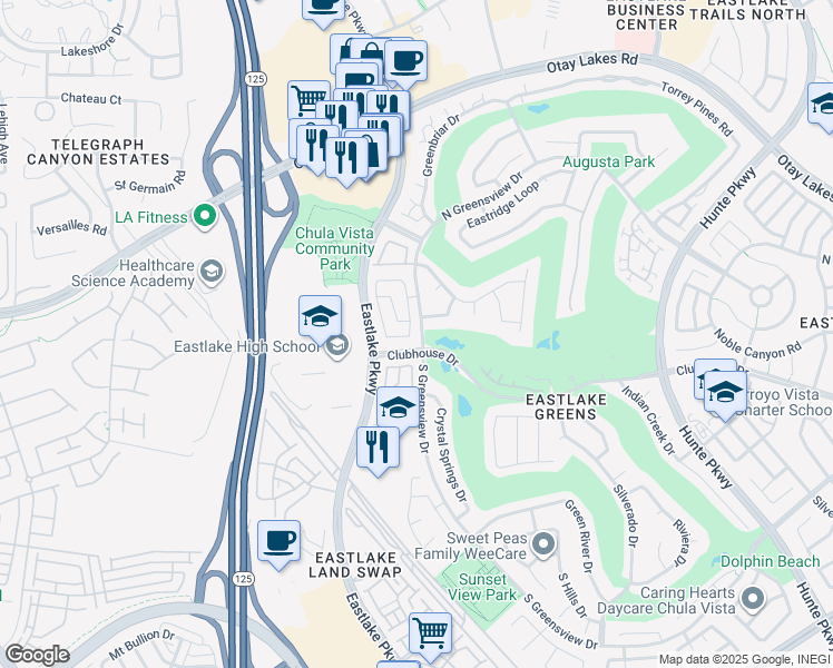 map of restaurants, bars, coffee shops, grocery stores, and more near 2283 Hilton Head Road in Chula Vista