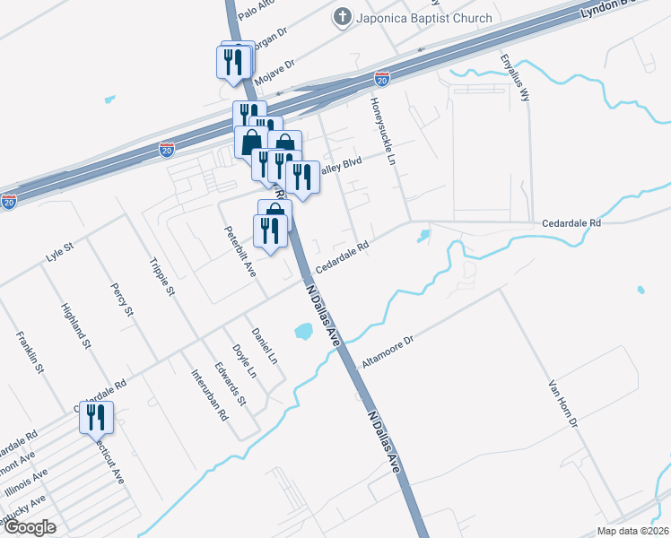 map of restaurants, bars, coffee shops, grocery stores, and more near 2748 Cedardale Road in Dallas