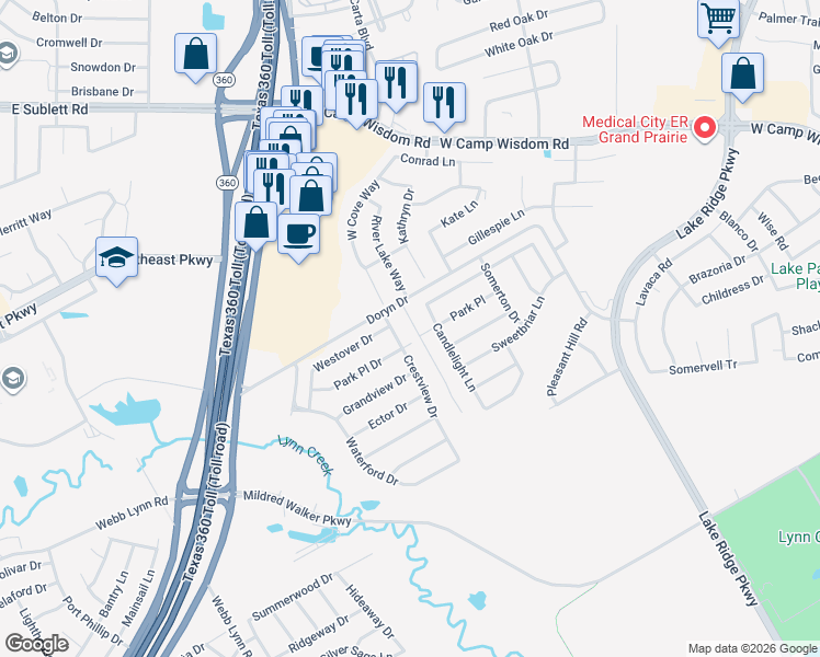 map of restaurants, bars, coffee shops, grocery stores, and more near 5813 Tory Drive in Grand Prairie