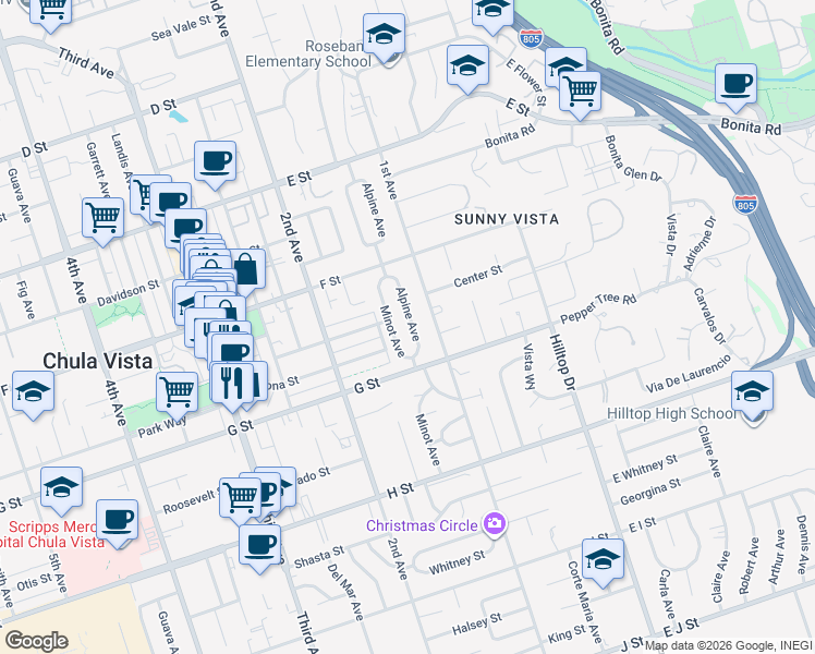 map of restaurants, bars, coffee shops, grocery stores, and more near 360 Alpine Avenue in Chula Vista