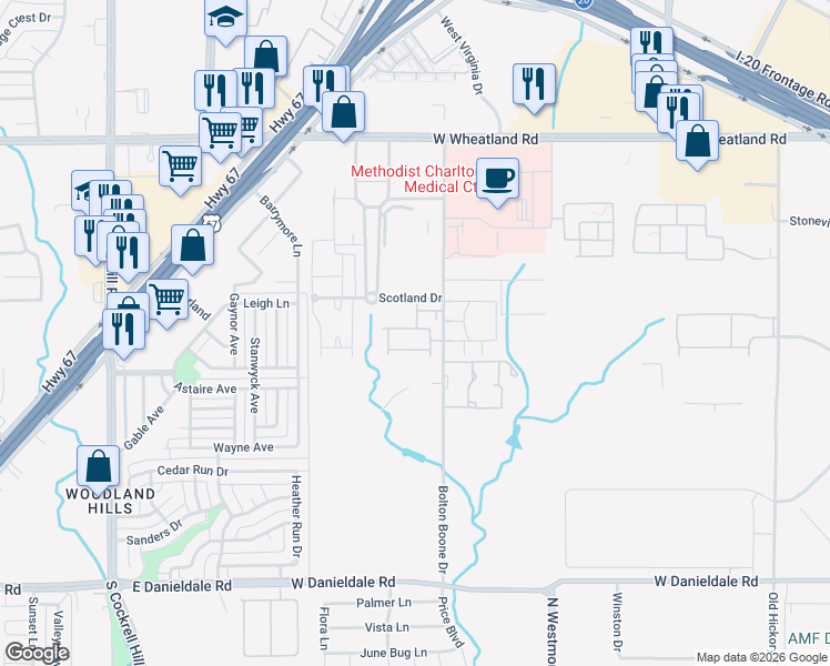 map of restaurants, bars, coffee shops, grocery stores, and more near 2525 Bolton Boone Drive in DeSoto