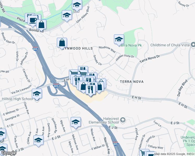 map of restaurants, bars, coffee shops, grocery stores, and more near 433 Sanibelle Circle in Chula Vista