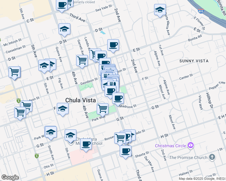 map of restaurants, bars, coffee shops, grocery stores, and more near 313 3rd Avenue in Chula Vista