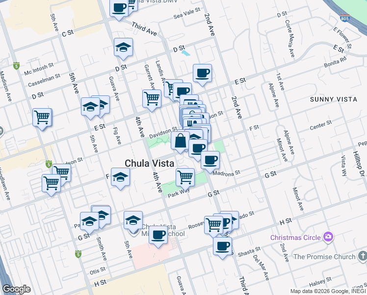 map of restaurants, bars, coffee shops, grocery stores, and more near 285-87 Landis Avenue in Chula Vista