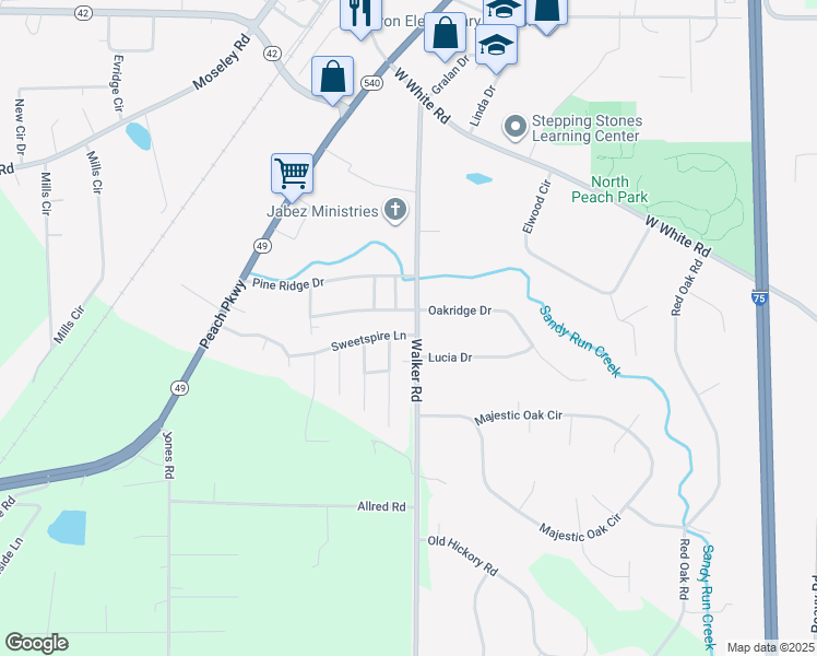 map of restaurants, bars, coffee shops, grocery stores, and more near 1002 Oakridge Drive in Byron