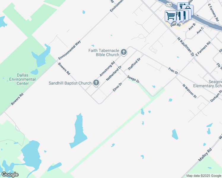 map of restaurants, bars, coffee shops, grocery stores, and more near 816 Elmo Drive in Seagoville