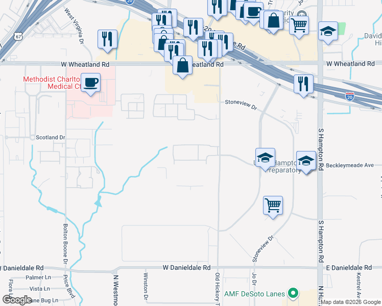 map of restaurants, bars, coffee shops, grocery stores, and more near 8501 Old Hickory Trail in Dallas