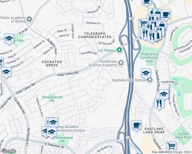 map of restaurants, bars, coffee shops, grocery stores, and more near 1991 Padding River Road in Chula Vista