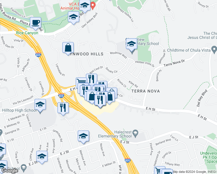 map of restaurants, bars, coffee shops, grocery stores, and more near 433 Sanibelle Circle in Chula Vista