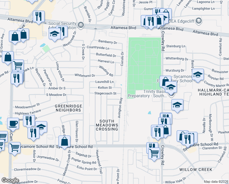 map of restaurants, bars, coffee shops, grocery stores, and more near 2301 Kelton Street in Fort Worth