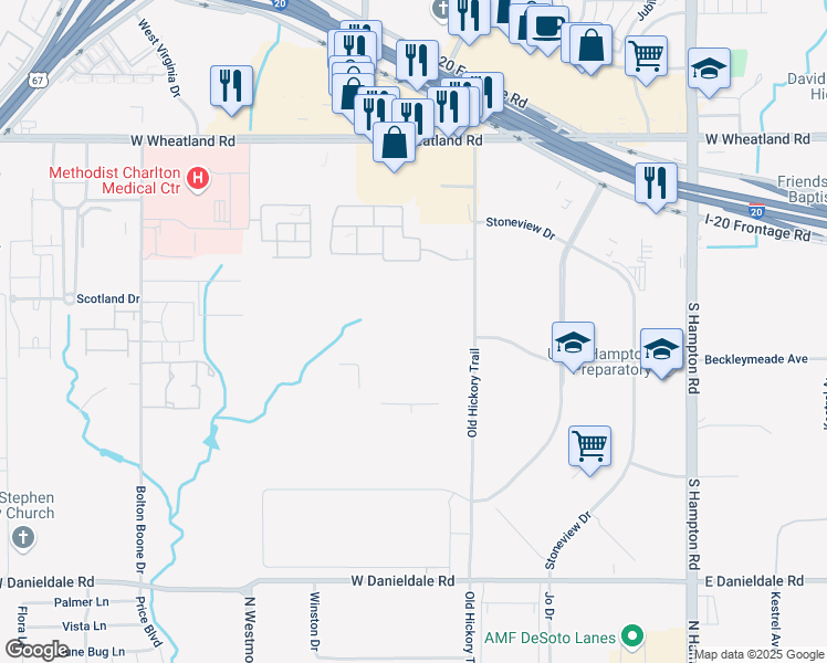 map of restaurants, bars, coffee shops, grocery stores, and more near 8501 Old Hickory Trail in Dallas