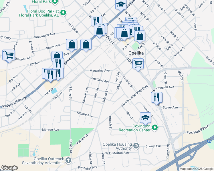 map of restaurants, bars, coffee shops, grocery stores, and more near 1106 Auburn Street in Opelika