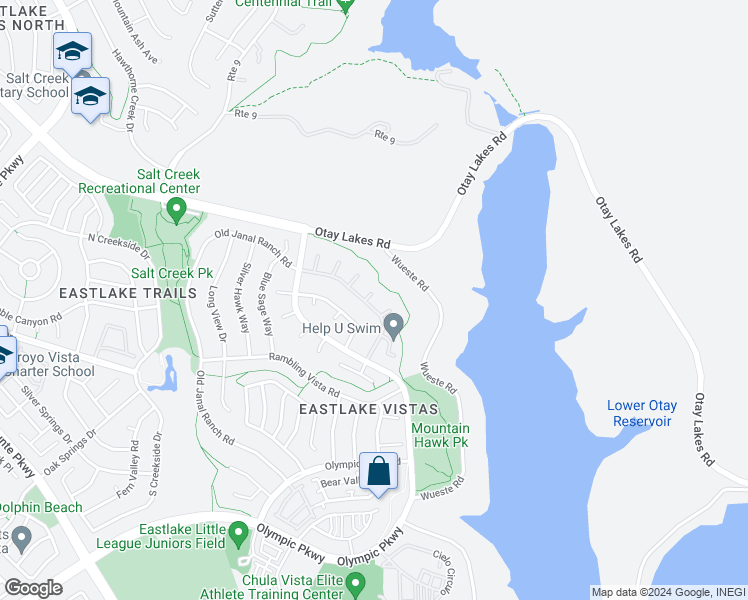 map of restaurants, bars, coffee shops, grocery stores, and more near 2856 Falling Waters Court in Chula Vista