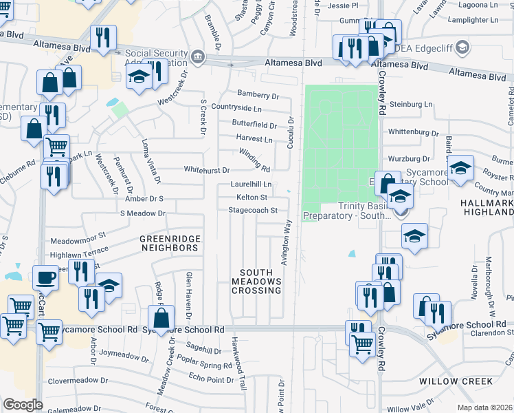 map of restaurants, bars, coffee shops, grocery stores, and more near 2367 Kelton Street in Fort Worth