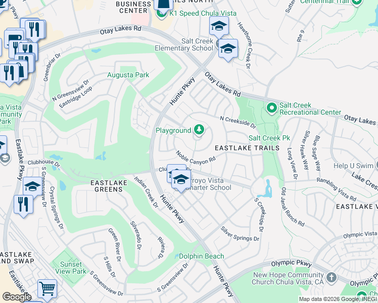 map of restaurants, bars, coffee shops, grocery stores, and more near 2522 Coyote Ridge Terrace in Chula Vista