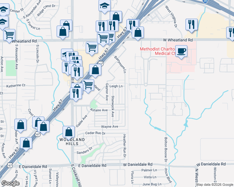 map of restaurants, bars, coffee shops, grocery stores, and more near 1015 Mansfield Lane in Duncanville