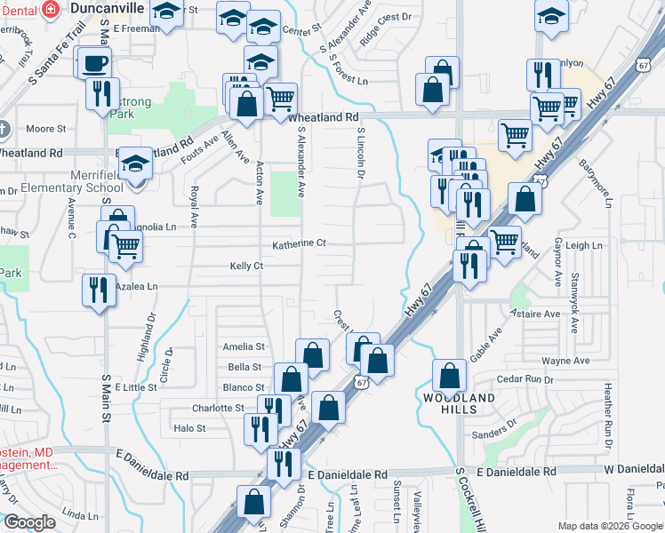 map of restaurants, bars, coffee shops, grocery stores, and more near 625 Taylor Court in Duncanville