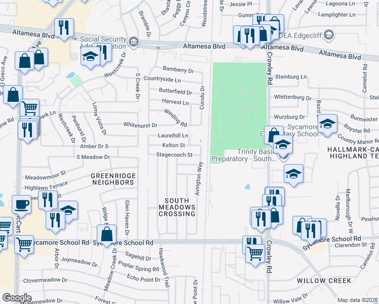 map of restaurants, bars, coffee shops, grocery stores, and more near 2301 Kelton Street in Fort Worth