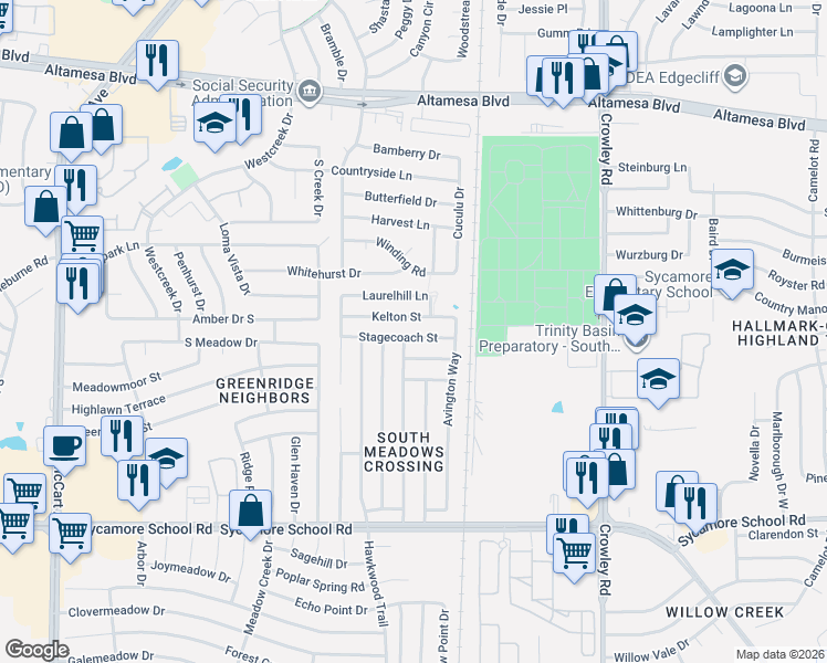 map of restaurants, bars, coffee shops, grocery stores, and more near 2367 Kelton Street in Fort Worth