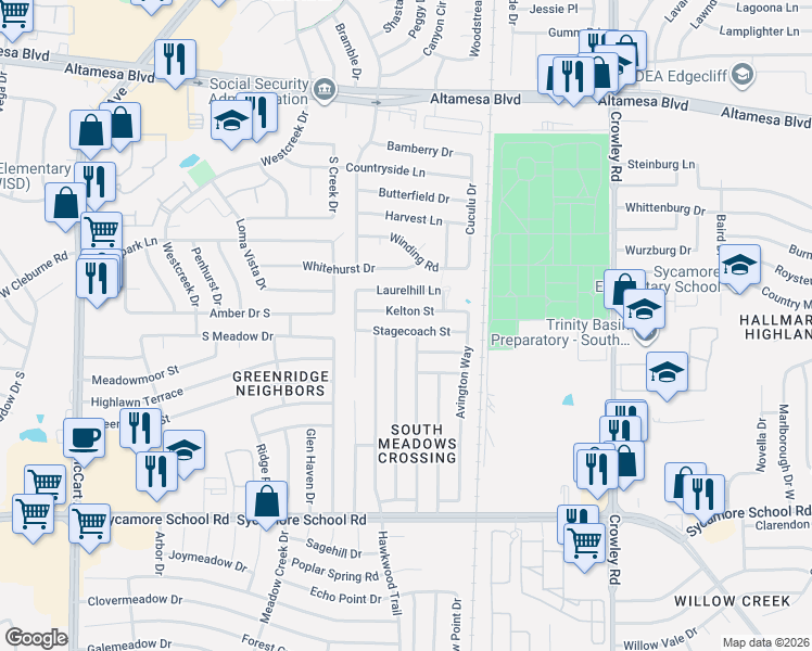 map of restaurants, bars, coffee shops, grocery stores, and more near 2367 Kelton Street in Fort Worth