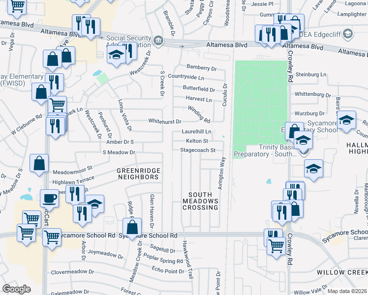 map of restaurants, bars, coffee shops, grocery stores, and more near 2429 Kelton Street in Fort Worth