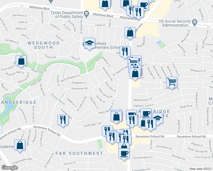 map of restaurants, bars, coffee shops, grocery stores, and more near 3613-3617 Woodmoor Road in Fort Worth