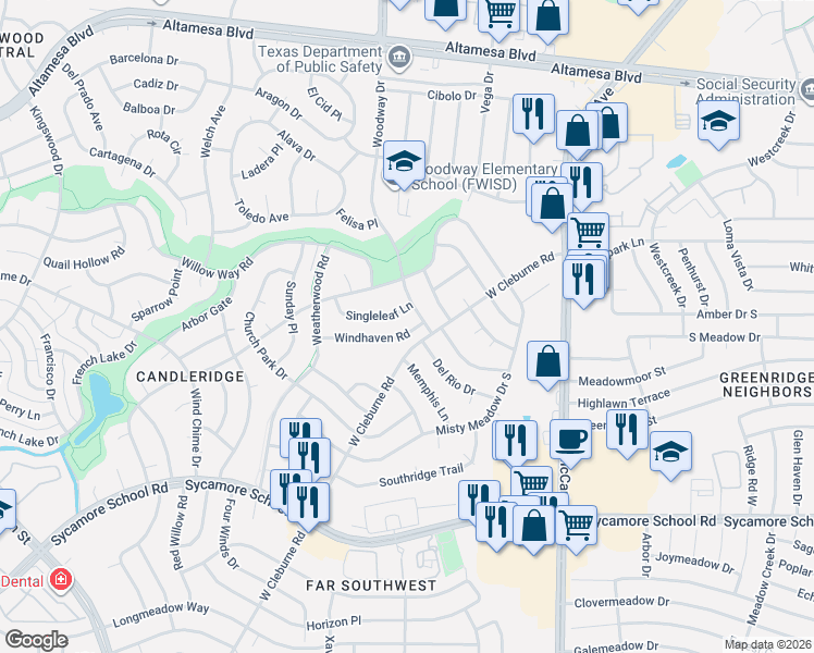map of restaurants, bars, coffee shops, grocery stores, and more near 3900 Windhaven Road in Fort Worth