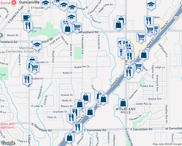 map of restaurants, bars, coffee shops, grocery stores, and more near 625 Taylor Court in Duncanville