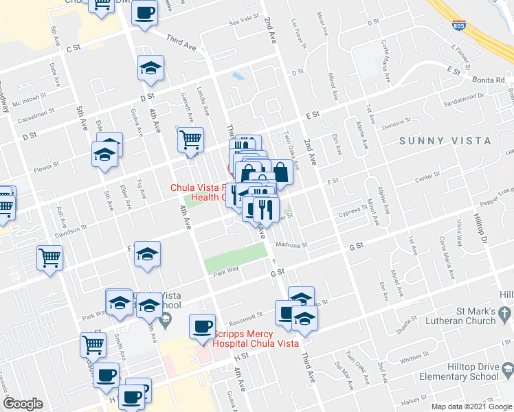 map of restaurants, bars, coffee shops, grocery stores, and more near 287 F St in Chula Vista