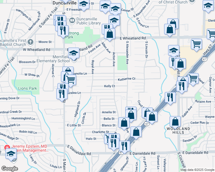 map of restaurants, bars, coffee shops, grocery stores, and more near Kelly Court in Duncanville