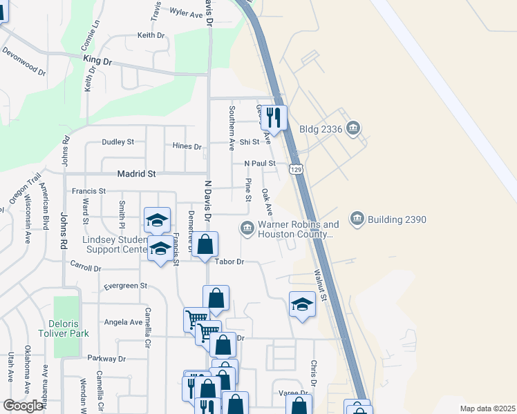 map of restaurants, bars, coffee shops, grocery stores, and more near 814 Pine Street in Warner Robins