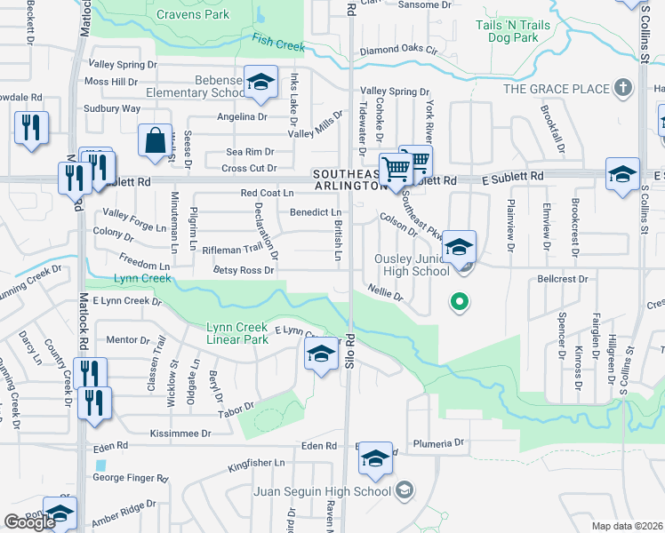 map of restaurants, bars, coffee shops, grocery stores, and more near 6417 British Lane in Arlington