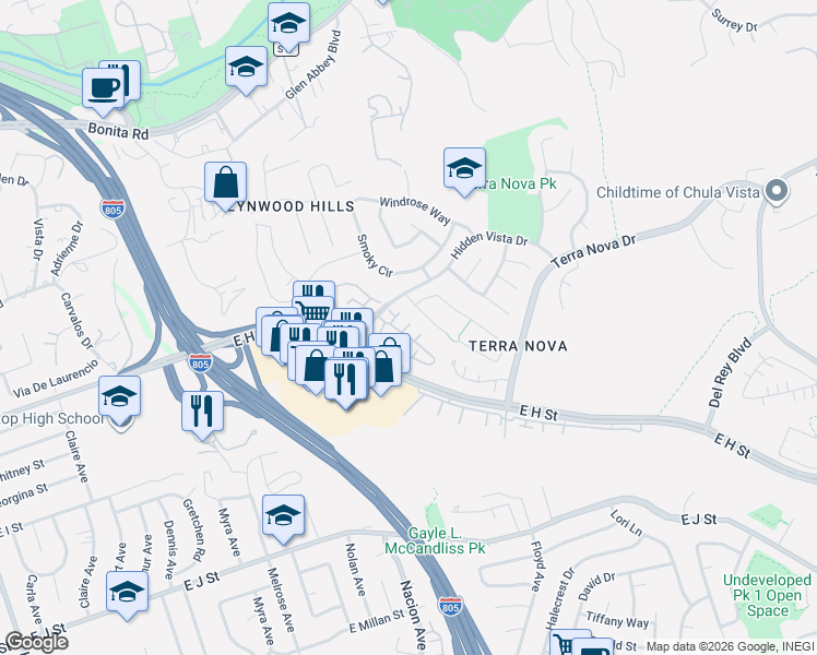 map of restaurants, bars, coffee shops, grocery stores, and more near 409 Sanibelle Circle in Chula Vista