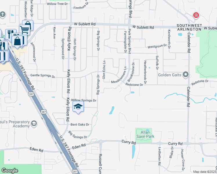 map of restaurants, bars, coffee shops, grocery stores, and more near 3815 Pine Valley Lane in Arlington