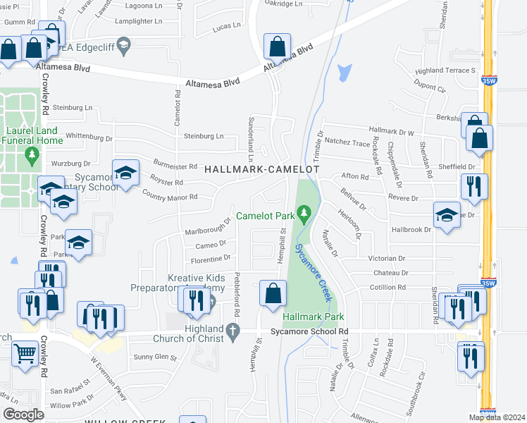 map of restaurants, bars, coffee shops, grocery stores, and more near 1249 Kielder Circle in Fort Worth